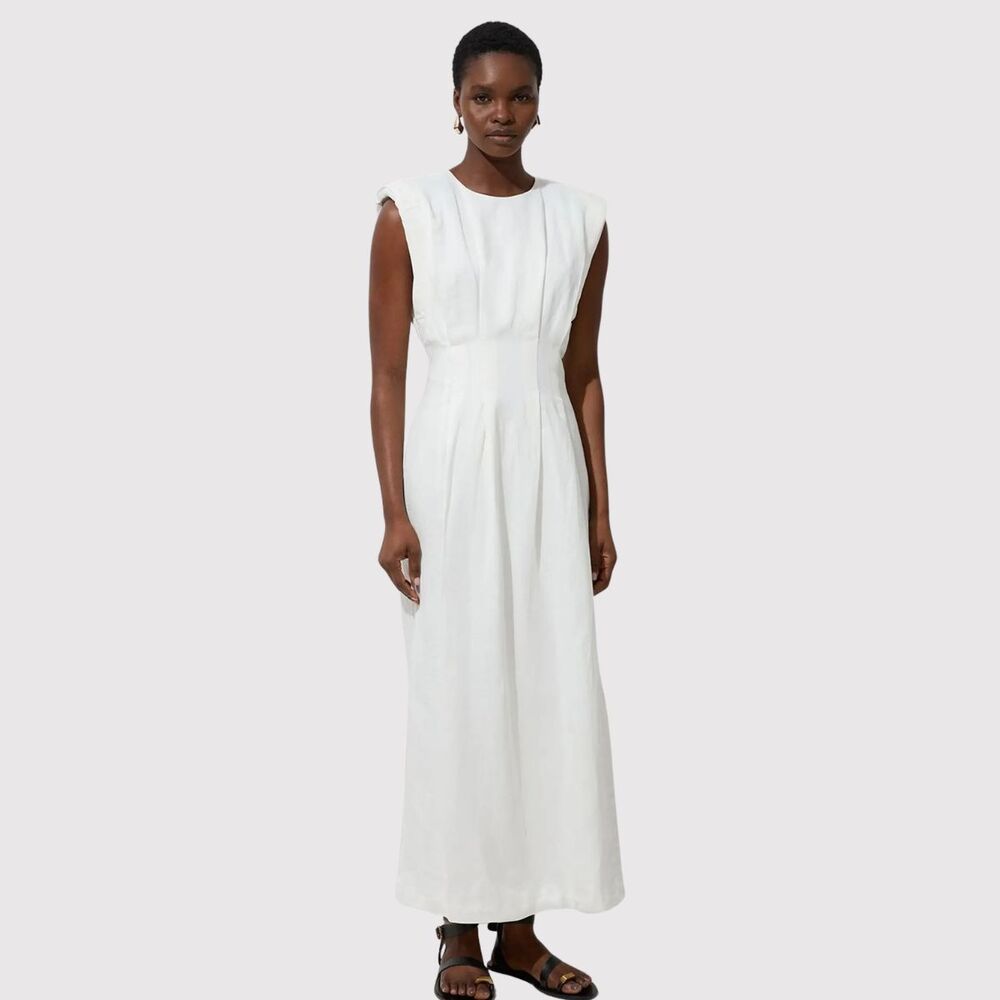 NWT Karen Millen Maxi Dress White Linen Pintuck A Line Quiet Luxury 4 Petite